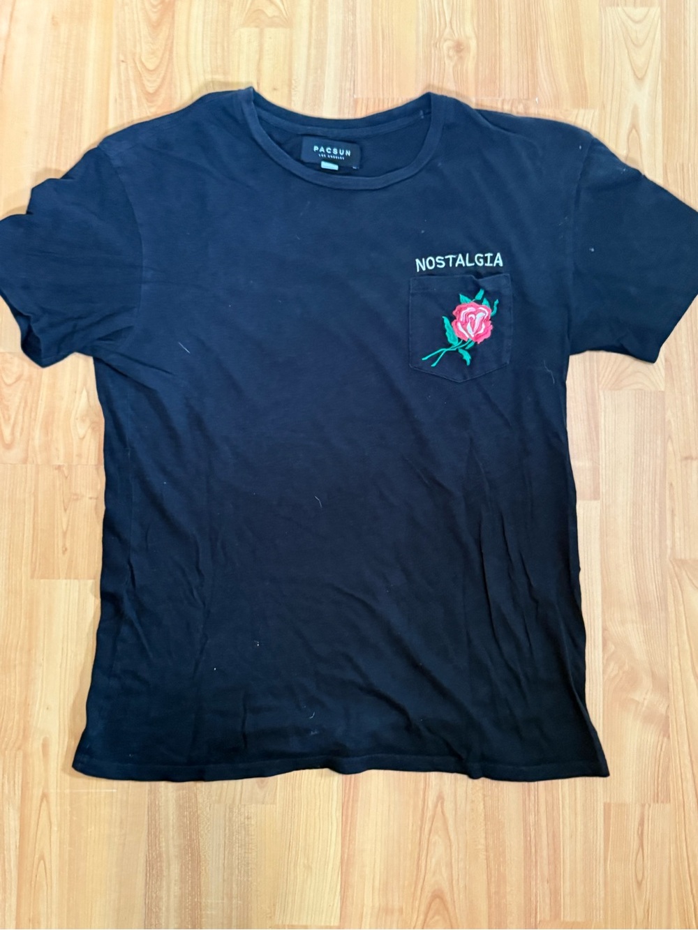 PacSun Black Short Sleeve Tee with Embroidered Rose Pocket
